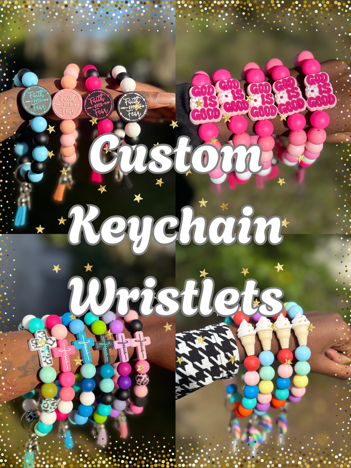 Collage of colorful keychain wristlets with text on a glittery background.